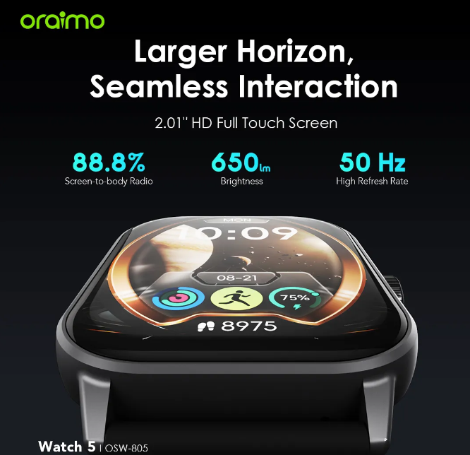 Oraimo Watch 5 2.01" HD Panda Glass 1ATM Smart Watch 88.8% Screen-to-body Radio 1ATM Waterproof
