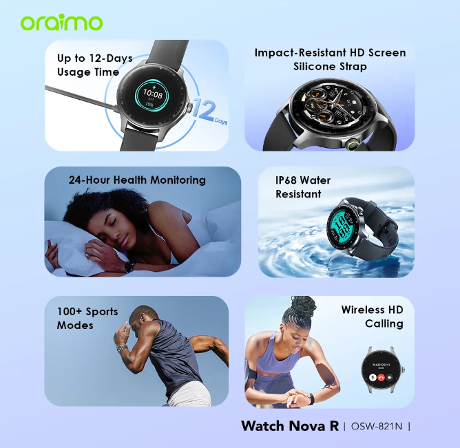 Oraimo Watch Nova R 1.39'' Panda Glass IP68  Wireless HD Calling 100+ Sports Modes HD Display  12-Day Usage Time Smart Watch