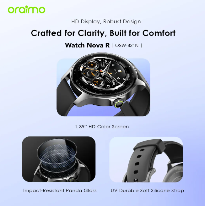 Oraimo Watch Nova R 1.39'' Panda Glass IP68 Wireless HD Calling HD Display, Robust Design Smart Watch