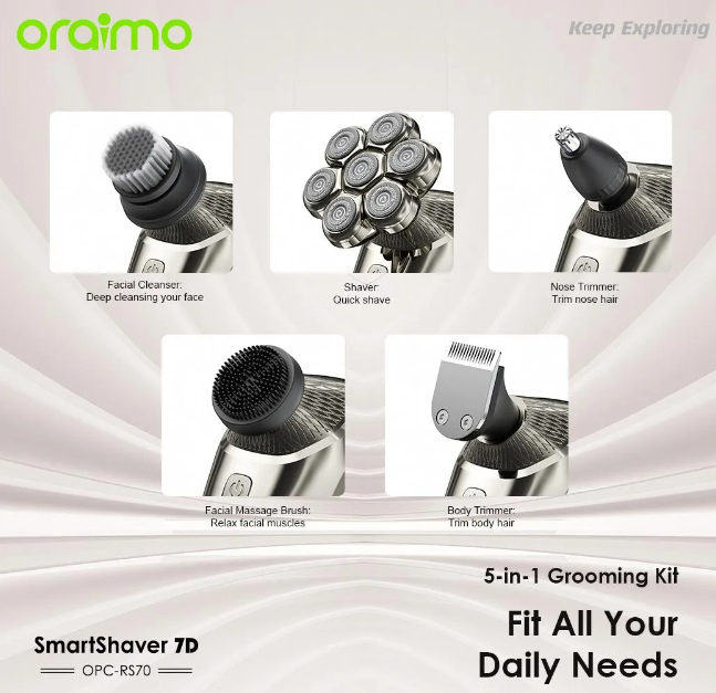 Oraimo Smart Shaver 7D 7 Razor Heads 360° IPX7 Waterproof 5-in-1 Grooming Kit--Fit All Your Daily Needs  Shaver