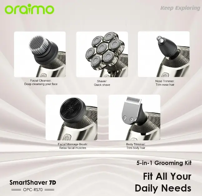 Oraimo Smart Shaver 7D 7 Razor Heads 360° IPX7 Waterproof 5-in-1 Grooming Kit--Fit All Your Daily Needs  Shaver