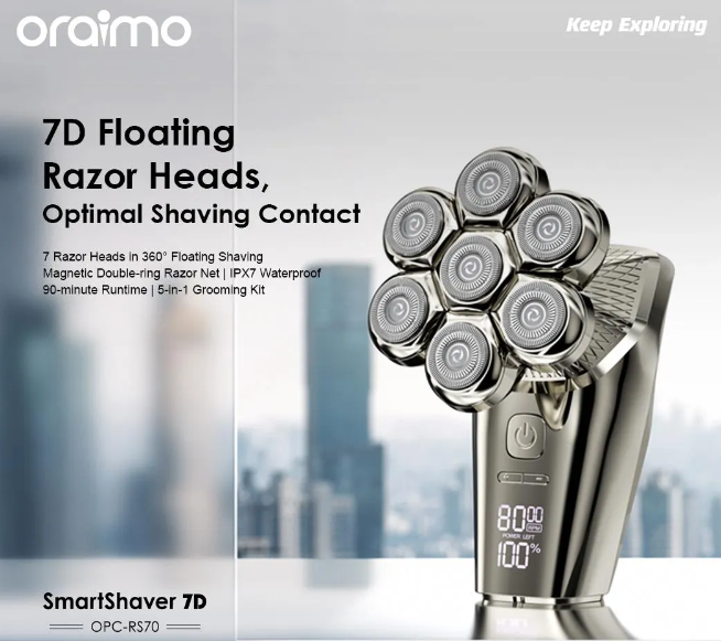 Oraimo Smart Shaver 7D 7 Razor Heads 360° IPX7 Waterproof 5-in-1 Grooming Kit--Fit All Your Daily Needs  Shaver