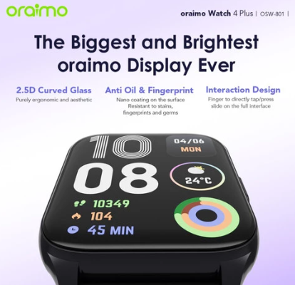 Oraimo Watch 4 plus OSW 801 BIGGER SCREEN MORE SPORTS MODE 24h HEALTH MANAGEMENT 7 DAYS BATTERY LIFE 105 Sport mode call and message reminder Oraimo Smartwatch