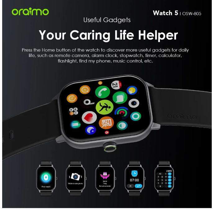 Oraimo Watch 5 2.01" TFT HD Anti-scratch Panda Glass 1ATM Smart Watch + Free Charging kit