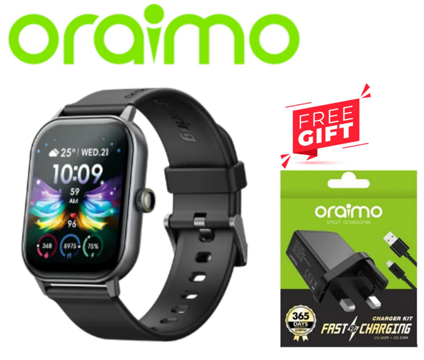 Oraimo Watch 5 2.01" TFT HD Anti-scratch Panda Glass 1ATM Smart Watch + Free Charging kit