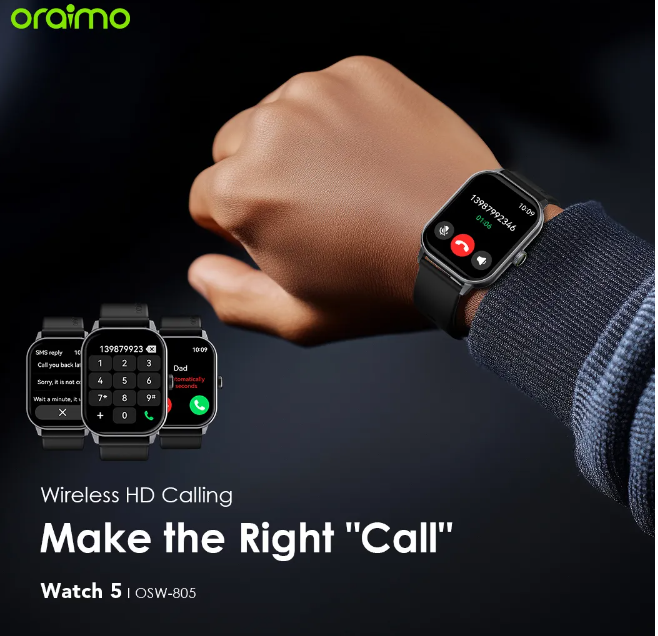 Oraimo Watch 5 2.01" TFT HD Anti-scratch Panda Glass 1ATM Smart Watch + Free Charging kit