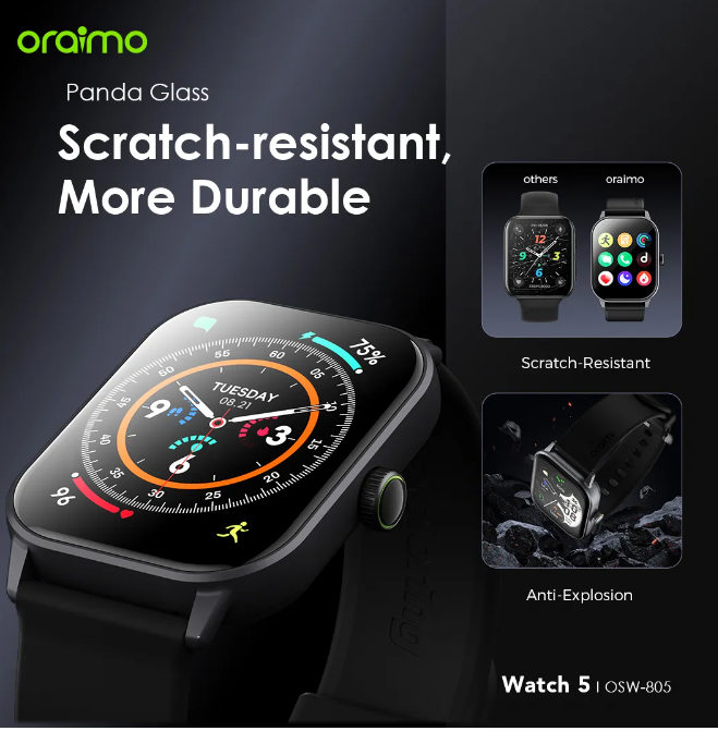 Oraimo Watch 5 2.01" TFT HD Anti-scratch Panda Glass 1ATM Smart Watch + Free Charging kit