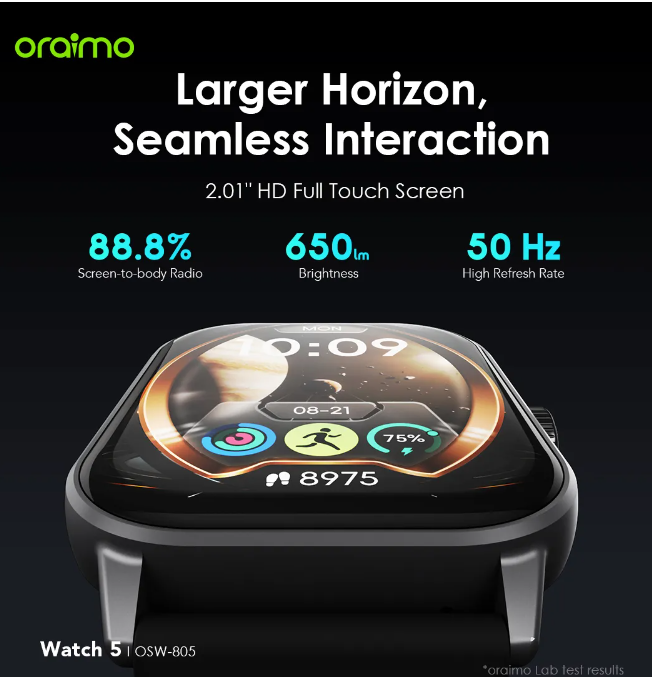 Oraimo Watch 5 2.01" TFT HD Anti-scratch Panda Glass 1ATM Smart Watch + Free Charging kit