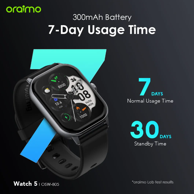 Oraimo Watch 5 2.01" TFT HD Anti-scratch Panda Glass 1ATM Smart Watch + Free Charging kit