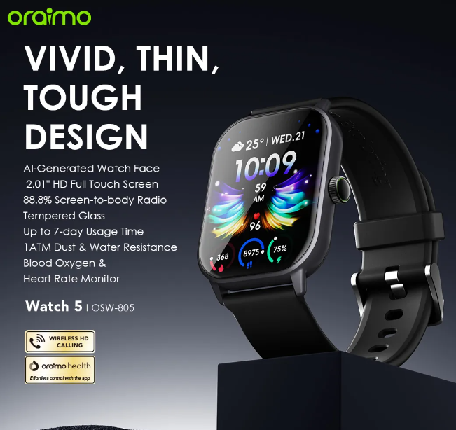 Oraimo Watch 5 2.01" TFT HD Anti-scratch Panda Glass 1ATM Smart Watch + Free Charging kit