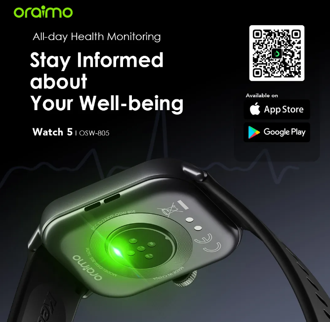 Oraimo Watch 5 2.01" TFT HD Anti-scratch Panda Glass 1ATM Smart Watch + Free Charging kit