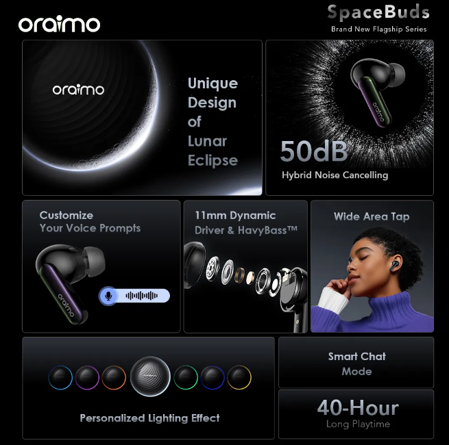 oraimo SpaceBuds Hybrid ANC True Wireless Earbuds Customized Voice Prompt + FREE Charging Kit