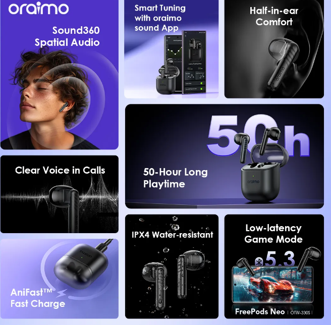 SPECIAL OFFER! oraimo FreePods Neo Half In Ear True Wireless Earbuds Bluetooth Earphones + FREE Charger