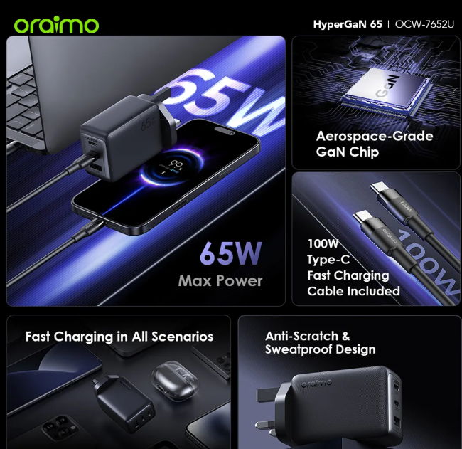 oraimo HyperGaN 65 65W GaN Wall Charger Kit with 100W CC Cable
