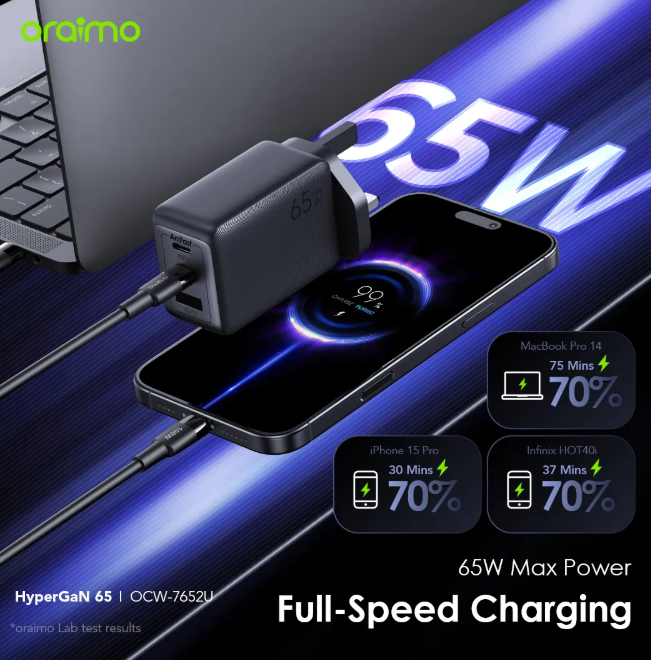oraimo HyperGaN 65 65W GaN Wall Charger Kit with 100W CC Cable