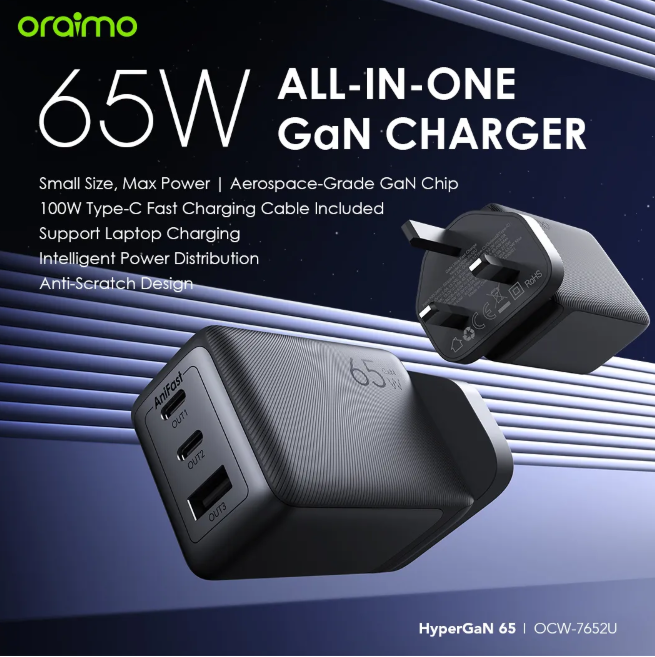 oraimo HyperGaN 65 65W GaN Wall Charger Kit with 100W CC Cable