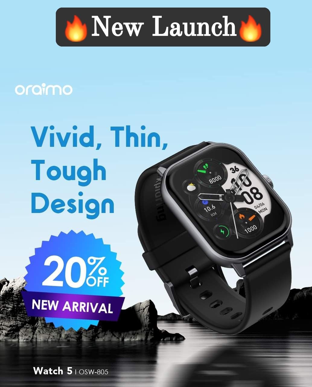 Oraimo Watch 5 2.01" HD Panda Glass Scratch-resistant 1ATM Water-resistant Thin and Light Wireless HD Calling 105 Sports Modes Smart Watch