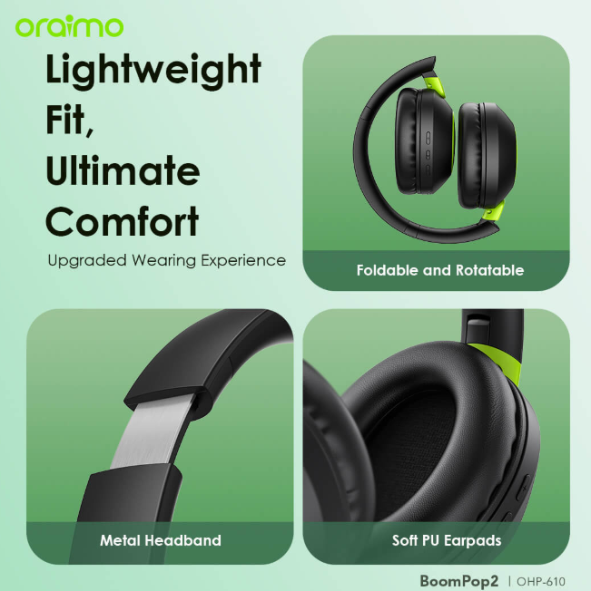 oraimo BoomPop 2 ENC 60-hr-Playtime Over-Ear Wireless Headphones