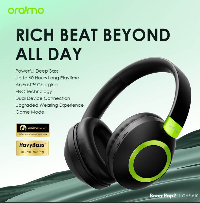 oraimo BoomPop 2 ENC 60-hr-Playtime Over-Ear Wireless Headphones