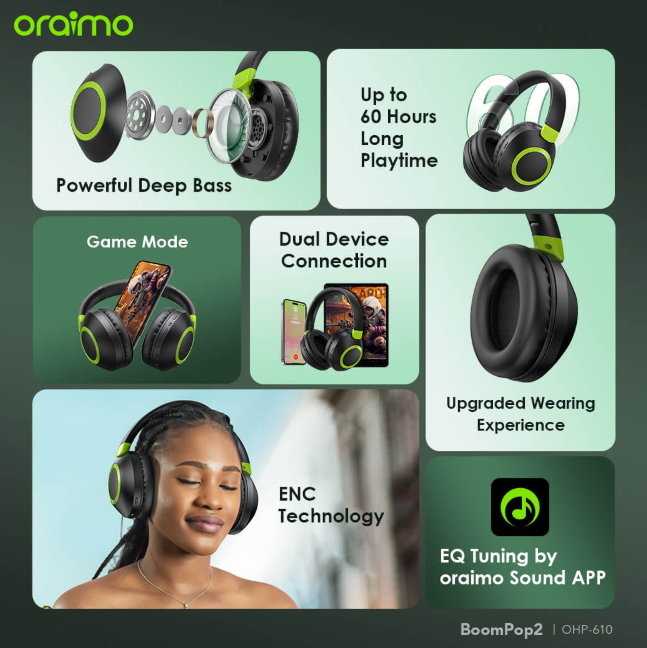 oraimo BoomPop 2 ENC 60-hr-Playtime Over-Ear Wireless Headphones