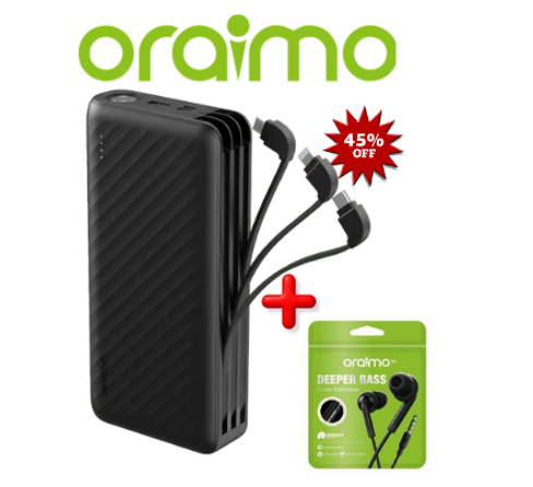 oraimo Traveler Link 27 27000mAh 12W, 3 Built-in Charging Cables Power Bank + FREE Oraimo Earphones