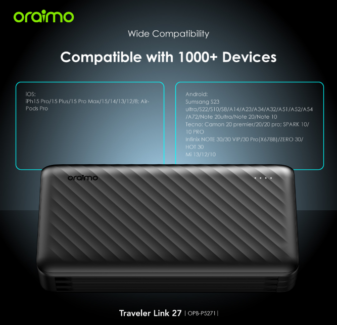 oraimo Traveler Link 27 27000mAh 12W, 3 Built-in Charging Cables Power Bank + FREE Oraimo Earphones