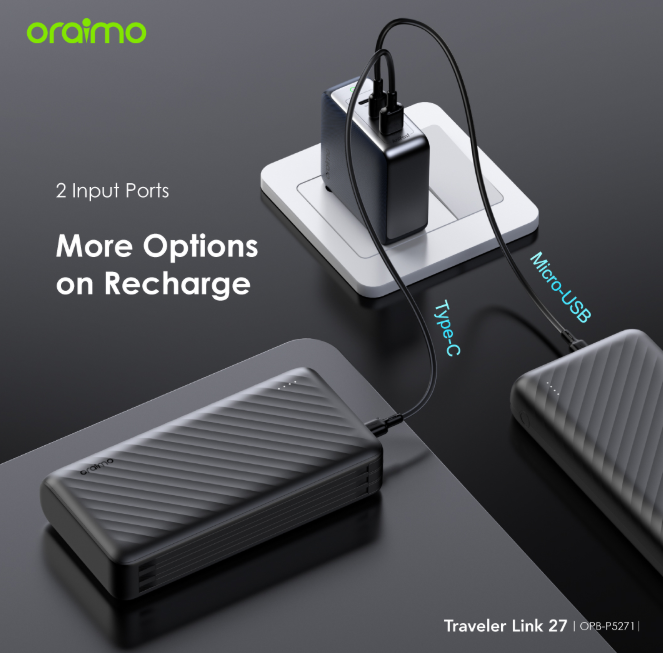 oraimo Traveler Link 27 27000mAh 12W, 3 Built-in Charging Cables Power Bank + FREE Oraimo Earphones