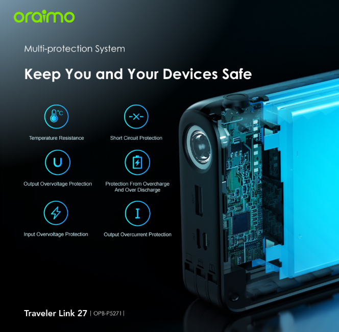oraimo Traveler Link 27 27000mAh 12W, 3 Built-in Charging Cables Power Bank + FREE Oraimo Earphones