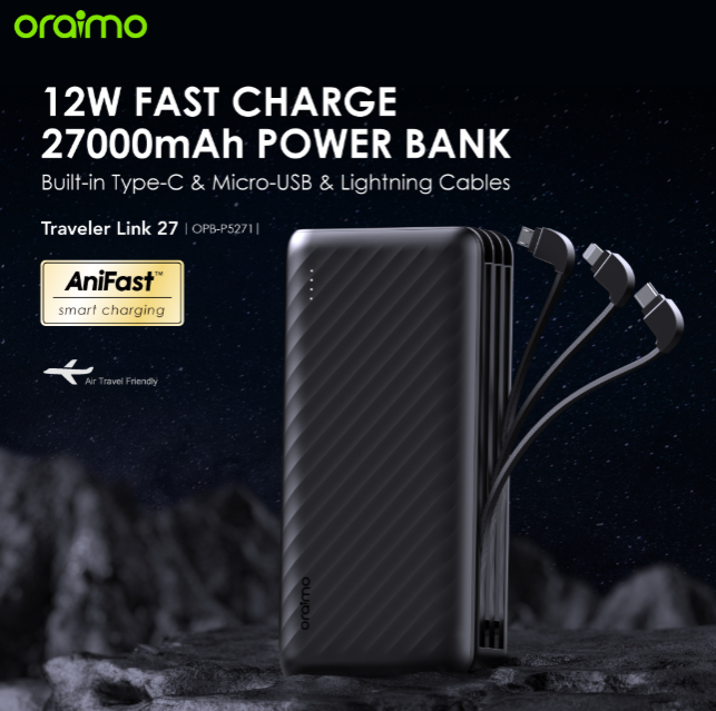 oraimo Traveler Link 27 27000mAh 12W, 3 Built-in Charging Cables Power Bank + FREE Oraimo Earphones