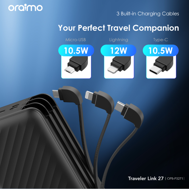 oraimo Traveler Link 27 27000mAh 12W, 3 Built-in Charging Cables Power Bank + FREE Oraimo Earphones