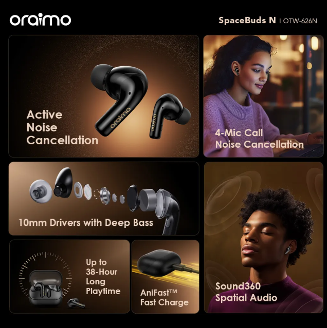 oraimo SpaceBuds N ANC True Wireless Earbuds Bluetooth Earpods + Oraimo  Wired Earphones