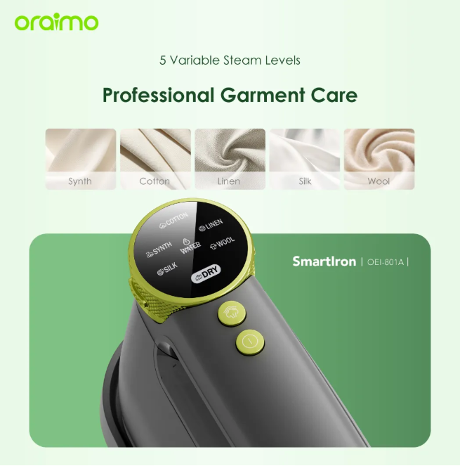 oraimo SmartIron 1740W Steaming & Ironing 2-in-1  Portable Electric Iron 6 Variable Steam Levels  180° Foldable Handle , Pasi