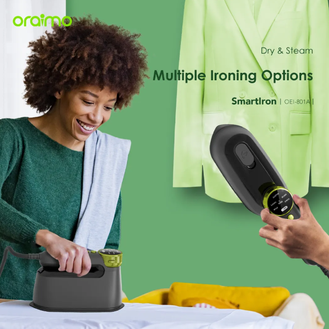 oraimo SmartIron 1740W Steaming & Ironing 2-in-1  Portable Electric Iron 6 Variable Steam Levels  180° Foldable Handle , Pasi