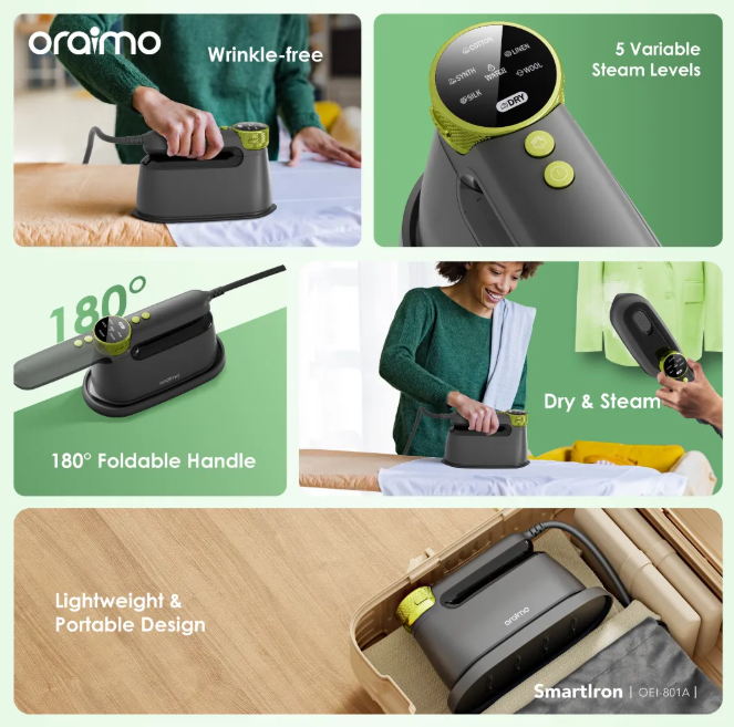 oraimo SmartIron 1740W Steaming & Ironing 2-in-1  Portable Electric Iron 6 Variable Steam Levels  180° Foldable Handle , Pasi