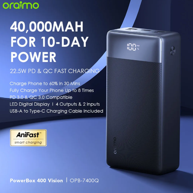 oraimo PowerBox 400 Vision 40000mAh 22.5W Power Bank Fully Charge Your Phone Up to 8 Times Oraimo Powerbank