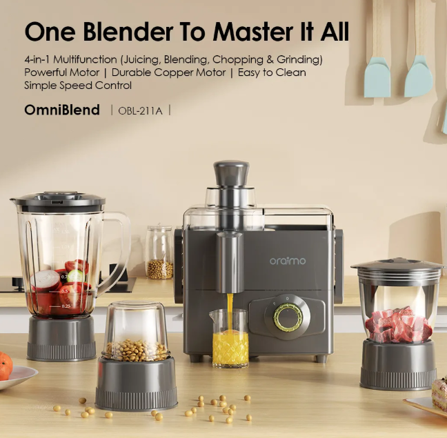 oraimo OmniBlend 4-in-1-Blender, Juicing, Blending, Chopping And Grinding Stainless Steel Blender
