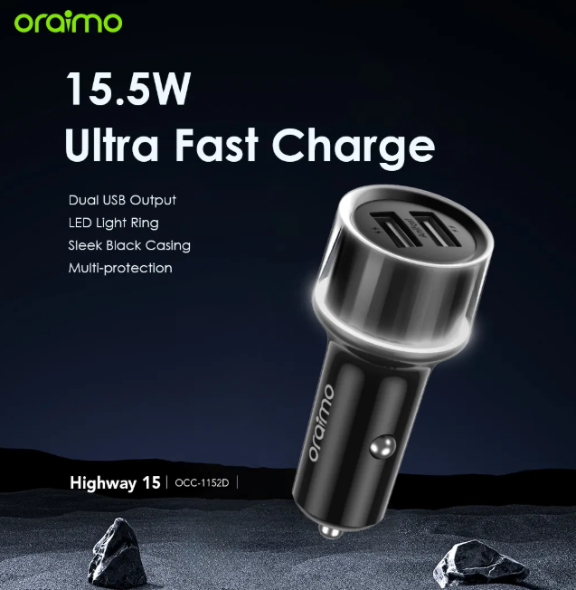 oraimo Highway 15 15.5W Car Charger with 3-in-1 Cable Multi-Protection Safety System