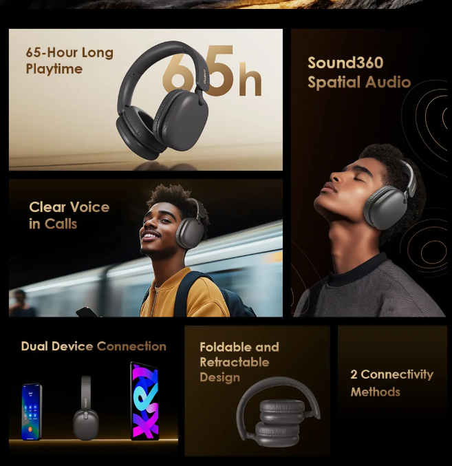 Oraimo BoomPop Lite ENC  65-Hour Long Playtime Over-Ear Wireless  Bluetooth Headphones