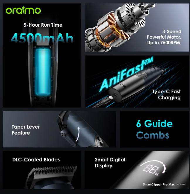 oraimo SmartClipper Pro Max  5-Hour Run Time 6 Professional Guide Combs Professional Hair Clipper