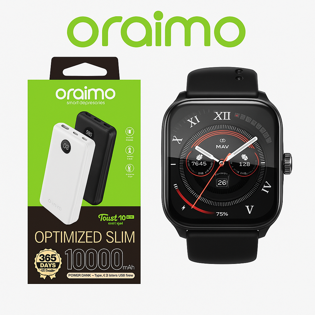 oraimo Watch Nova AM 2.01" AMOLED Screen Curved Cover  60-Day Standby Time Smart Watch + Oraimo Toast 10 Byte 10000 mAh Powerbank