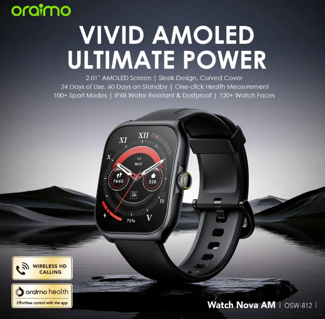 oraimo Watch Nova AM 2.01" AMOLED Screen Curved Cover  60-Day Standby Time Smart Watch + Oraimo Toast 10 Byte 10000 mAh Powerbank
