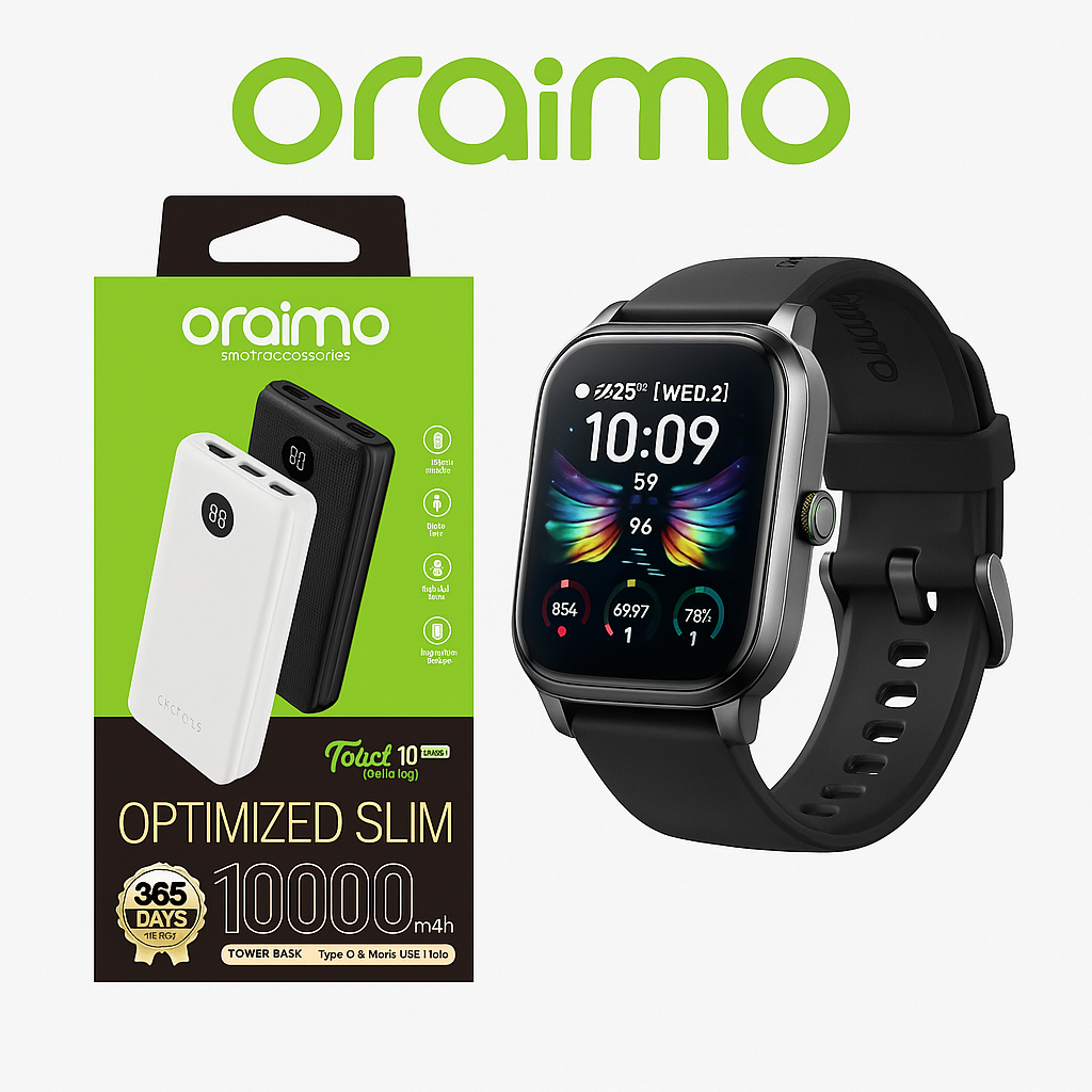 oraimo Watch 5 2.01" HD   Anti-scratch Panda Glass 1ATM AI-Generated Watch Faces Smart Watch Oraimo Toast 10 Byte 10000 mAh Powerbank