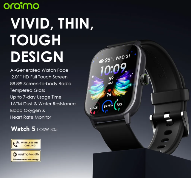oraimo Watch 5 2.01" HD   Anti-scratch Panda Glass 1ATM AI-Generated Watch Faces Smart Watch Oraimo Toast 10 Byte 10000 mAh Powerbank
