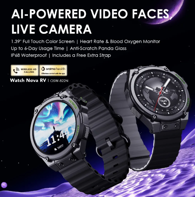 oraimo Watch Nova RV 1.39" HD Video Watch Faces  Wireless HD Calling Camera Remote, Preview Sync IP68 Smart Watch