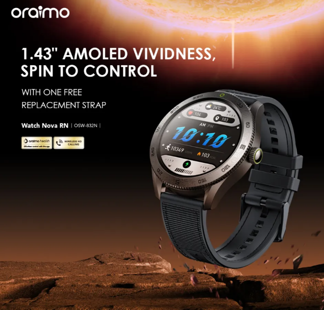 oraimo Watch Nova RN 1.43'' Amoled Rotating Bezel Control Anti-scratch Panda Glass  Smart Watch
