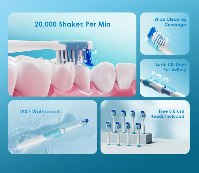 oraimo SoniCare Electric Toothbrush  Lasts 120 Days Per Battery,  8 Brush Heads Last A Year