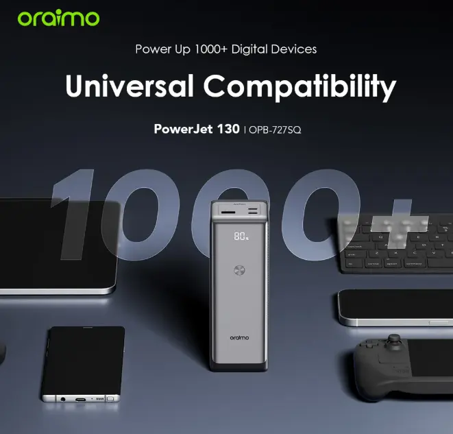 Oraimo PowerJet 130 27600mAh 130W Power Bank  Power Laptop & Phone at Once  Recharge Powerbank to 100% in 1.5hrs