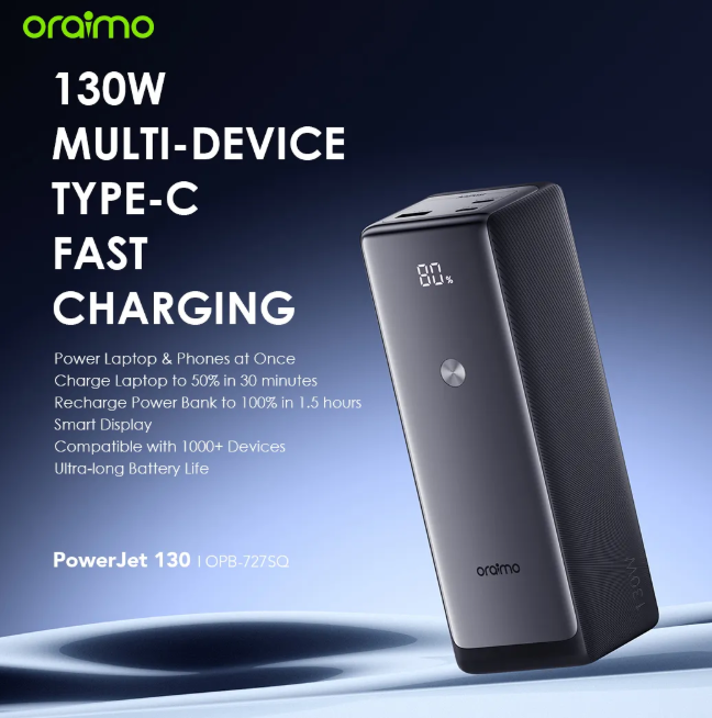 Oraimo PowerJet 130 27600mAh 130W Power Bank  Power Laptop & Phone at Once  Recharge Powerbank to 100% in 1.5hrs