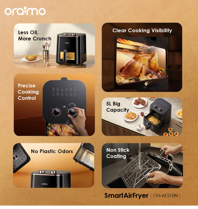 oraimo SmartAirFryer 1500W Cooking Visible Smart Air Fryer Less Oil, More Crunch, 5L Big  Air Fryers