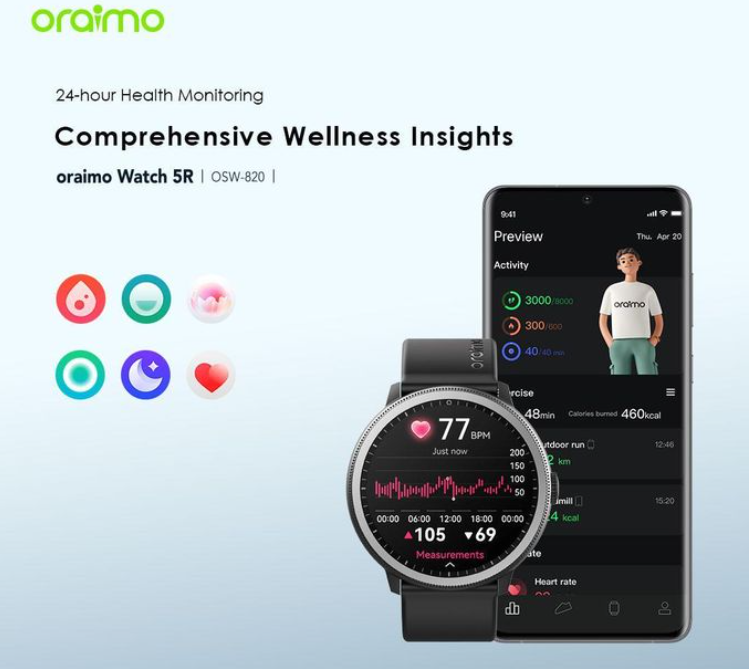 Oraimo Watch 5 Lite 2.01" HD IP68 Smart Watch 24-hour Health Monitoring